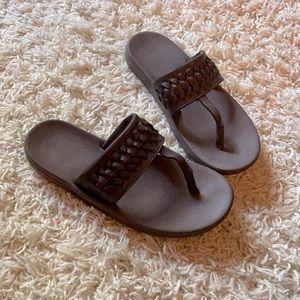 Brown leather Nike flip flops, size 8